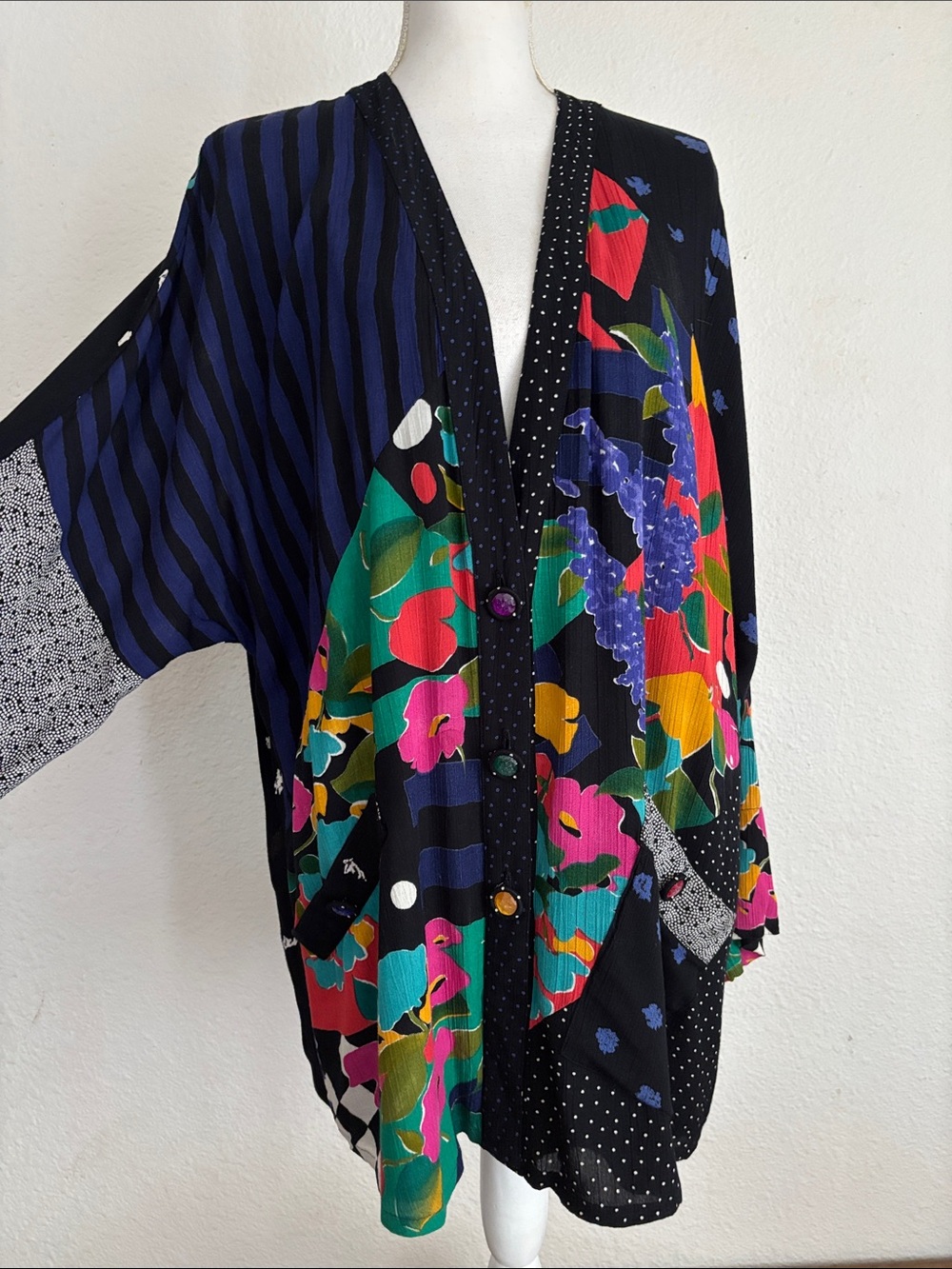 Carole Little Vintage Cardigan Jacket Top Blouse Mixed Print Unique